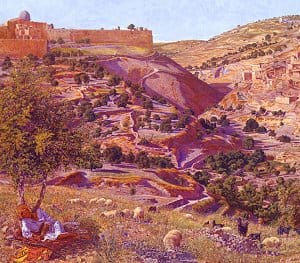 Jerusalem and the Valley of Jehoshaphat from the Hill of Evil Counsel (detail), by Thomas B. Seddon [1854]