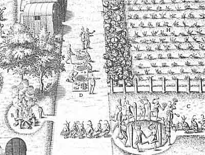Detail of Woodcut from A BREFE AND TRUE REPORT OF THE NEW FOUND LAND OF VIRIGINA, by Thomas Herriot (1590) [Public domain image]