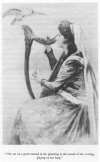 She sat on a green mound in the gloaming in the mouth of the evening, playing on her harp.